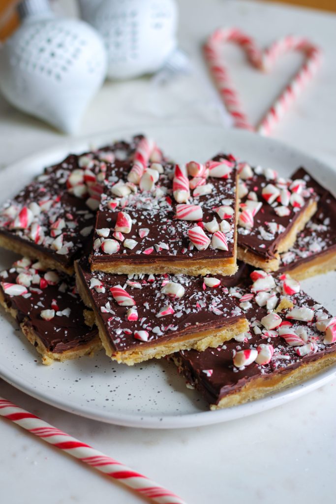 Vegan Candy Cane Chocolate Caramel Squares